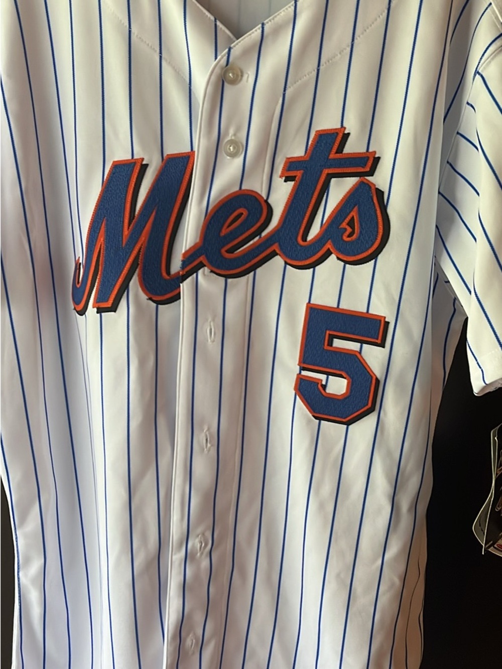 Majestic White Pinstripe Mets #5 Baseball Jersey with Blue and Orange Script